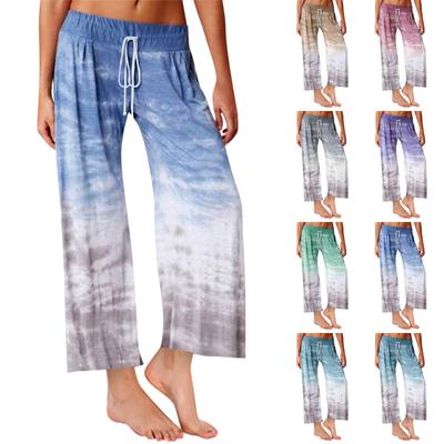 Women Casual Loose Gradient Tie- Printed Yoga Sport Long Pnats Wide Leg Pants