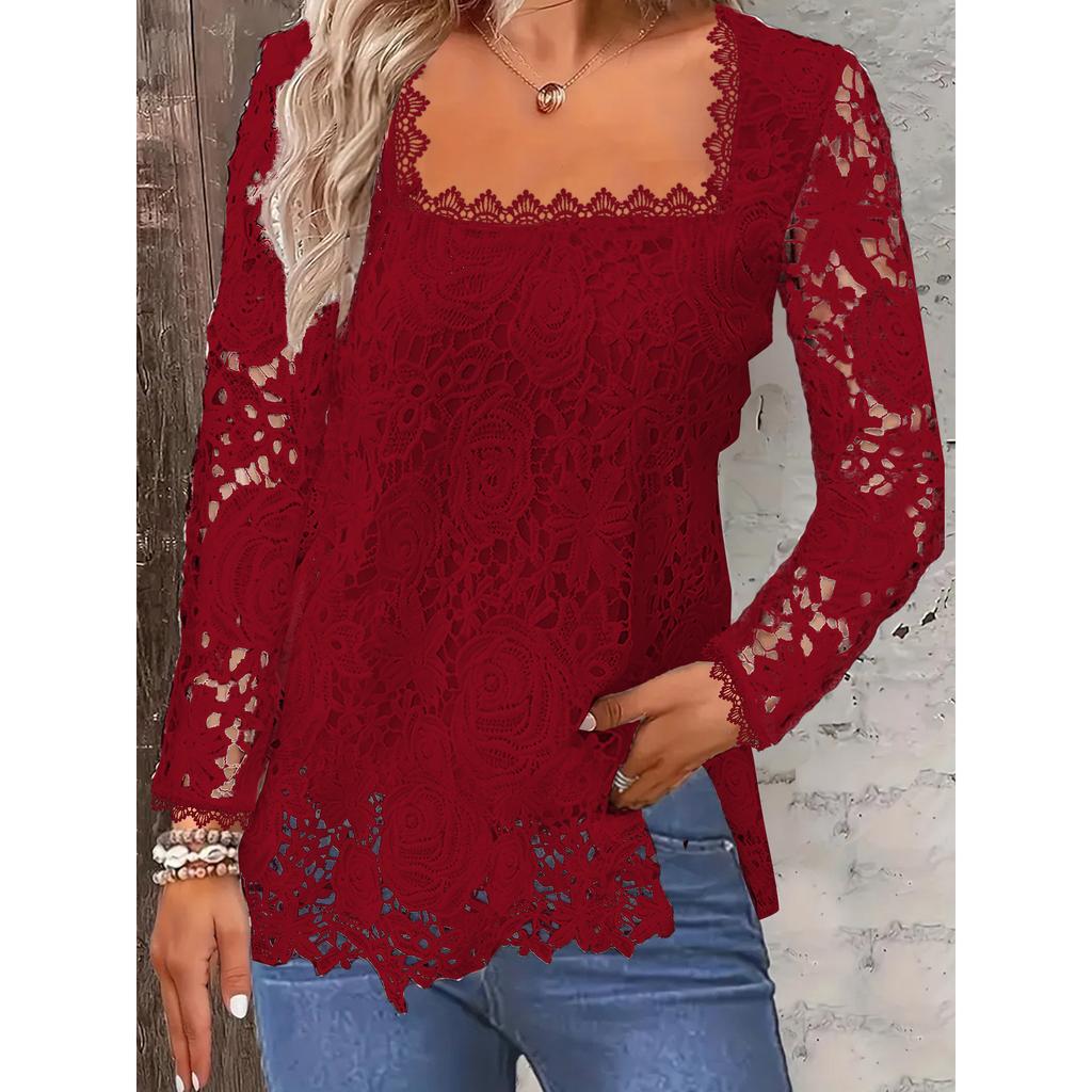 Lace Blouse Tee Shirt Women Vintage Top Solid Full Sleeve Square Collar Streetwear Ladies Casual Spring Summer Basic Tops
