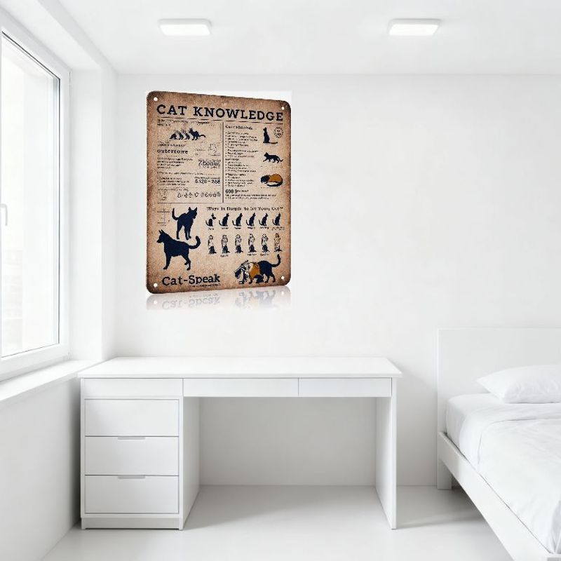 Vintage 'CAT KNOWLEDGE' Metal Sign, Retro Educational Cat Knowledge Tin Sign with Tail Positions & Illustrations, Wall Decor for