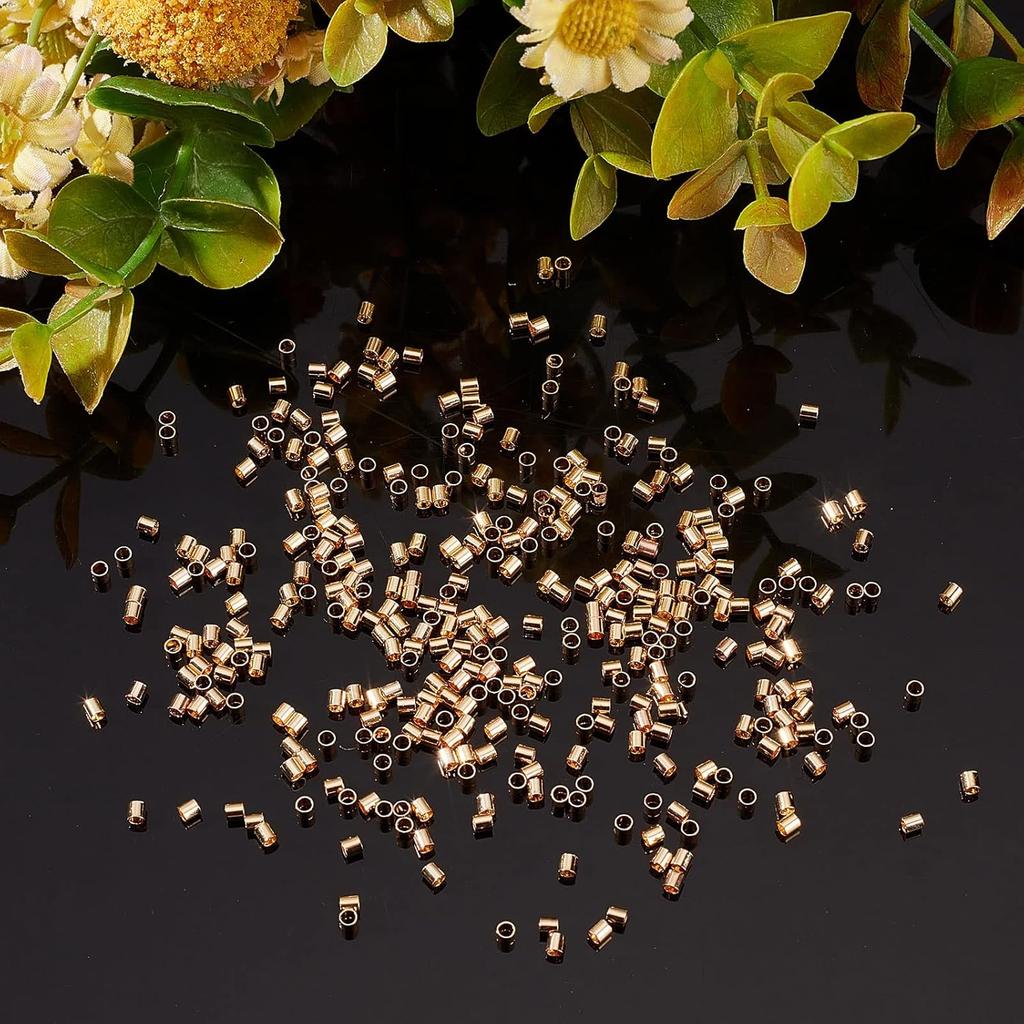 Beebeecraft 1 Box 1000Pcs Crimp Tube Beads 18K Gold Plated Crimping Tube Spacers Cord End Caps 2mm Loose Tiny Stopper Beads for Earring Necklace