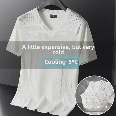 Men's Summer Ice Silk Hollow Knit T-Shirt - Short-Sleeve, V-Neck or Round Neck, Lightweight and Breathable