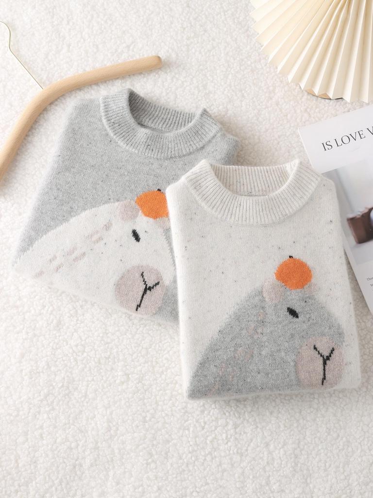 Hochwertiger 100% reine Wolle Kinder Pullover mit halbem Rollkragen Capybara Strick - Doppelfaden Verdickt