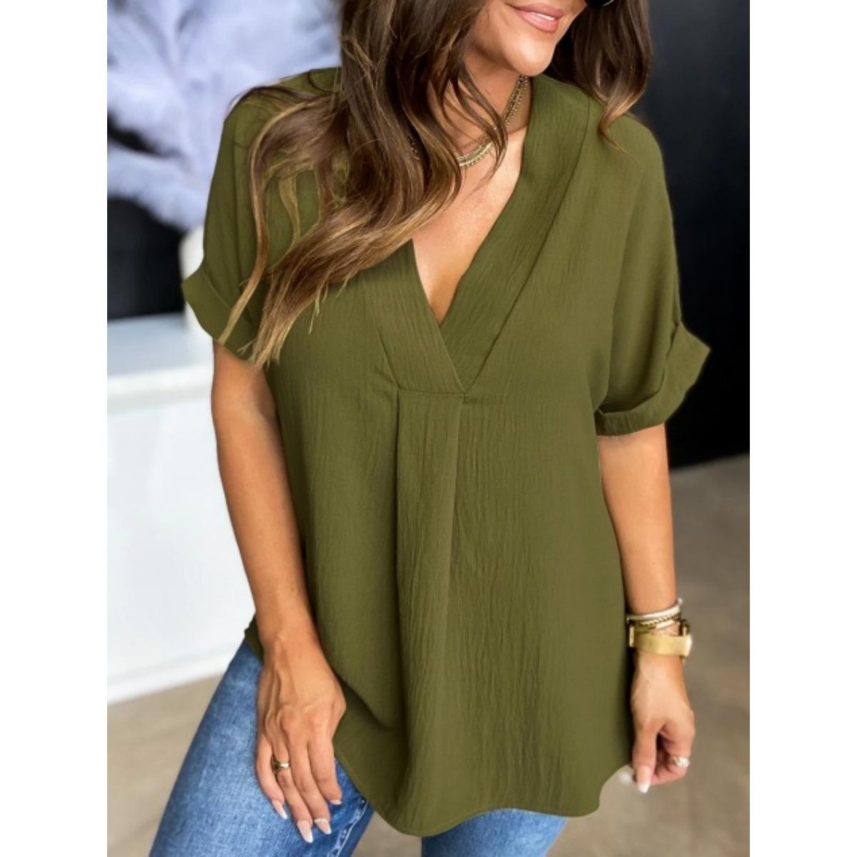 Women s Summer V-Neck Short Sleeve Casual Comfort Shirt Top L армия зеленый