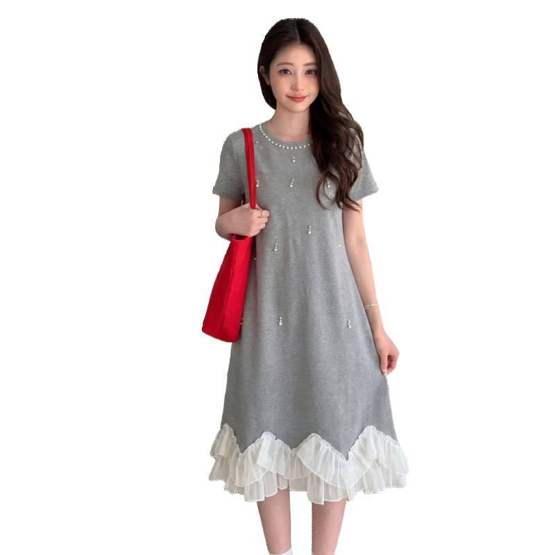 2026 Summer Petite Maternity Knit Dress - Korean Style, Loose-Fit, Slimming, Round Neck