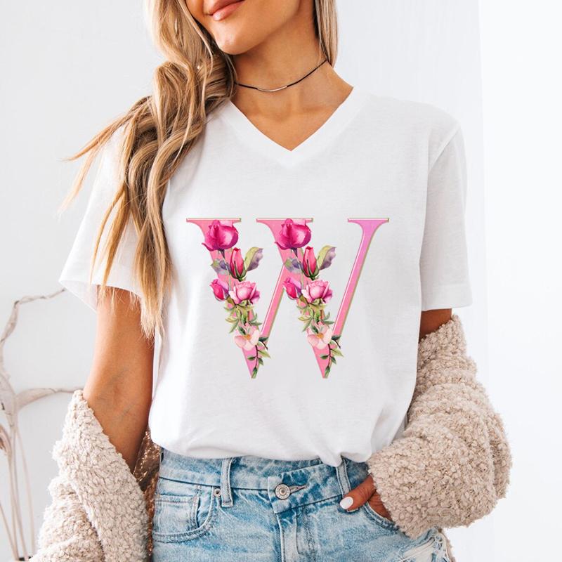 Floral Initials Unisexs Vneck Tshirt Az 26 Alphabet Fashion Casual Tops Pink Flower Short Sleeve Tee Letter S Floral Gift Top
