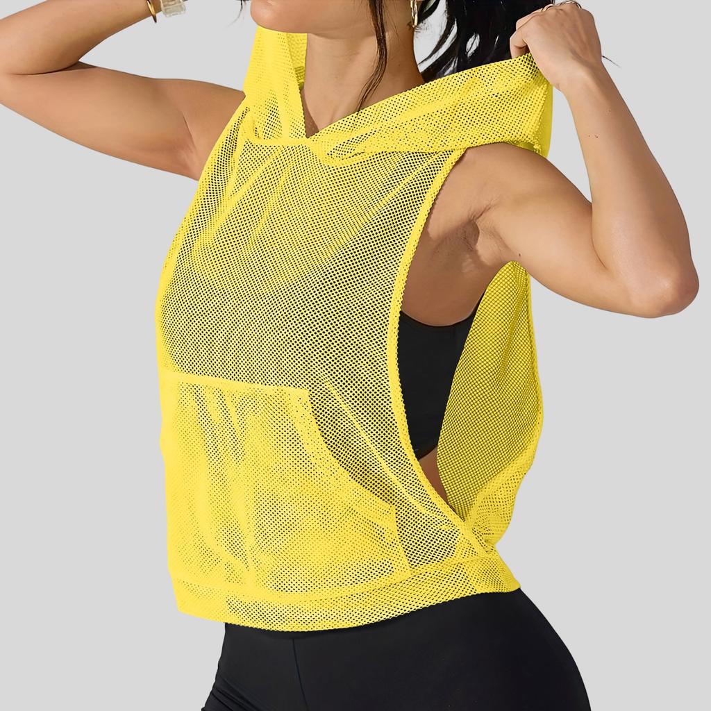 Women Loose Fit Pullover Mesh Hooded Tank Top Lightweight Breathable Fitness Vest Sleeveless Sport Shirt for Gym Yoga Running