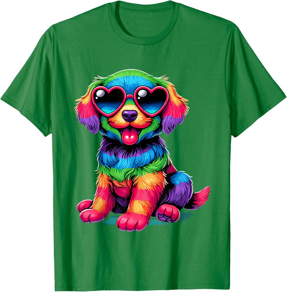 Rainbow Furry Dog With Heart Sunglasses Graphic Print Cotton T-Shirt Casual Trip Wear