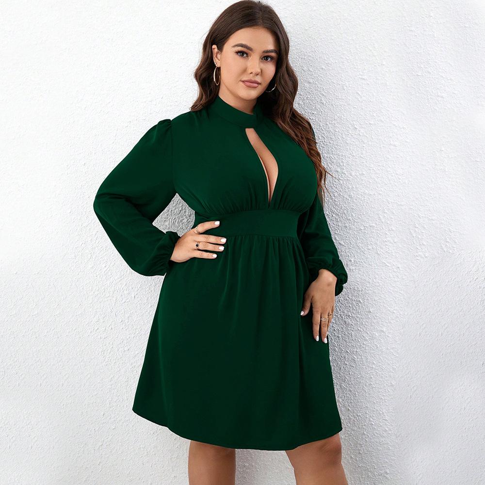 Women's Solid Sexy Dress High Neck Long Lantern Sleeve Front Cutout Short Dress Club Cocktail Party MiDi Dress Breathable A-line High Waist Dress