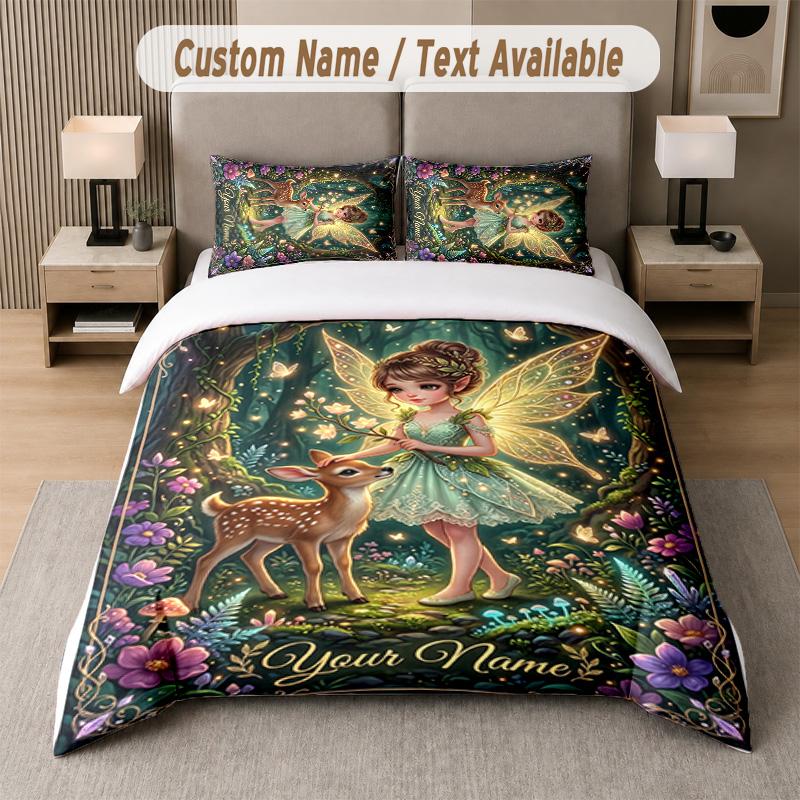 Mushroom Forest Theme Custom Text Or Name 3Pcs Bedding Set 1 Flat Sheet & 2 Pillowcases Personalized Home Bedding
