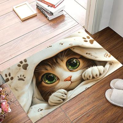 1Pcs Cute Cat Design Pattern Floor Mat Modern Kitchen Polyester Rug Non-Slip Colorful Indoor Carpet, For Home Bathroom Bedroom Living Room Decor