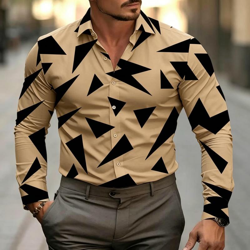 Men's Geometric Triangle Print Dress Shirt Long Sleeve Button Down Casual Slim Fit Business Party Tops For Men
