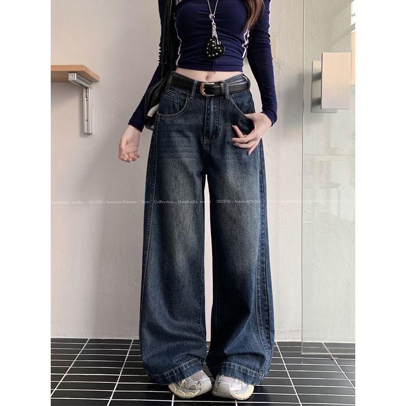 Kumikumi American vintage Blue Jeans Straight Pants Women clothes Autumn Distressed High Waist Wide Leg Pants Mopping Pants