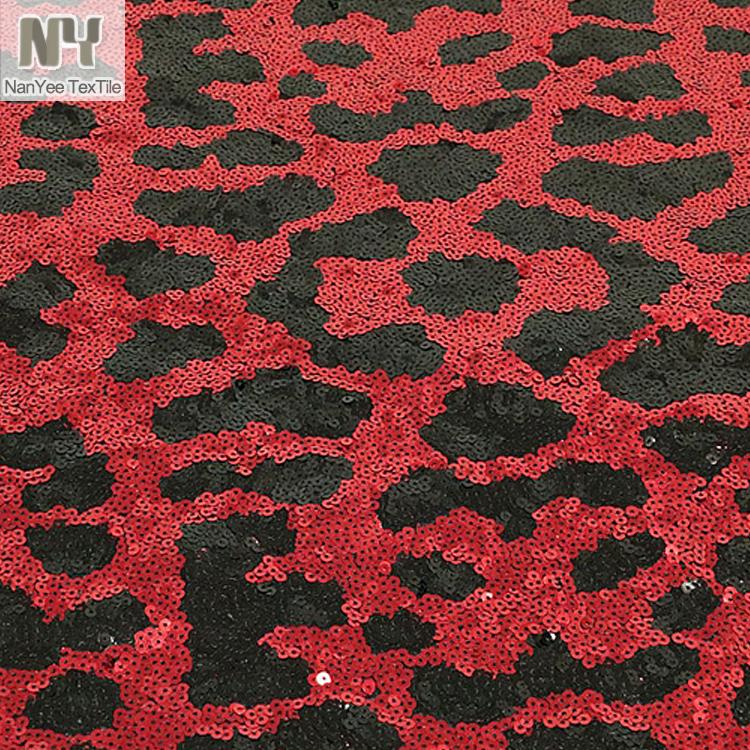 Nanyee Textile Big Repeat STOCK 5mm Flat Red Black Leopard Sequin Fabric