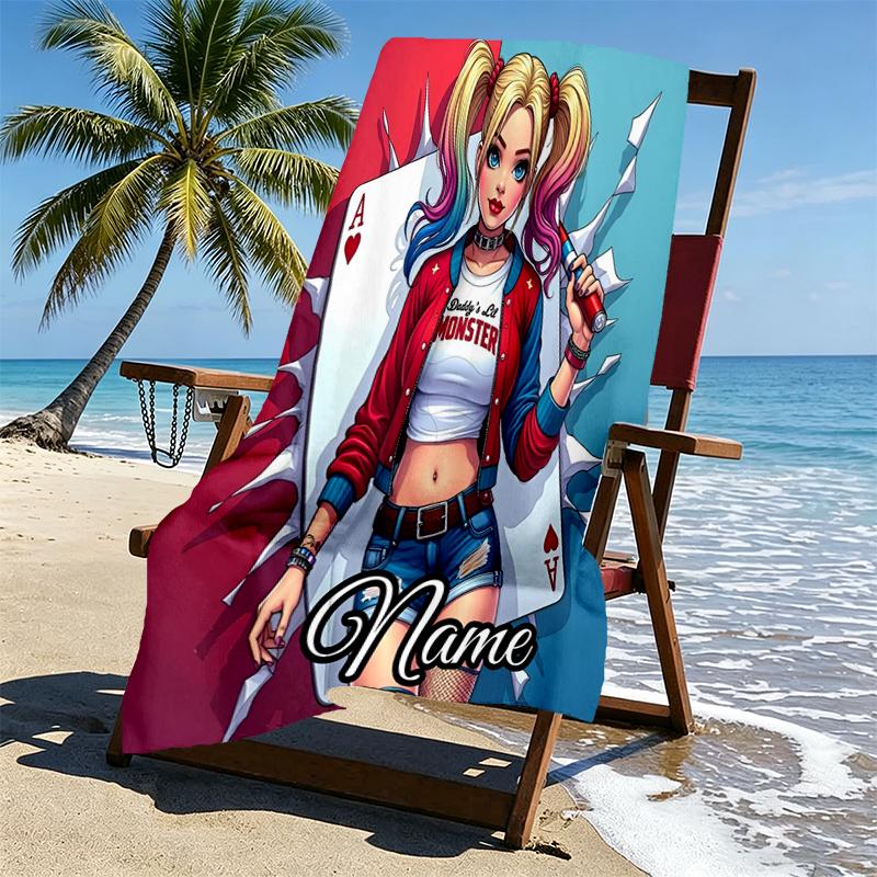 Custom Name Personalized Harley Quinn Joker Print Beach Towel, for Trip Camping Beach Party Home Decor, Birthday Gift for Family & Friends