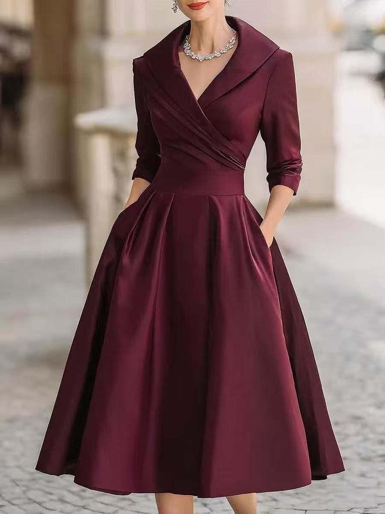 2026 European & American Wide-Hem Slimming Long-Sleeve Waist-Cinching Dress