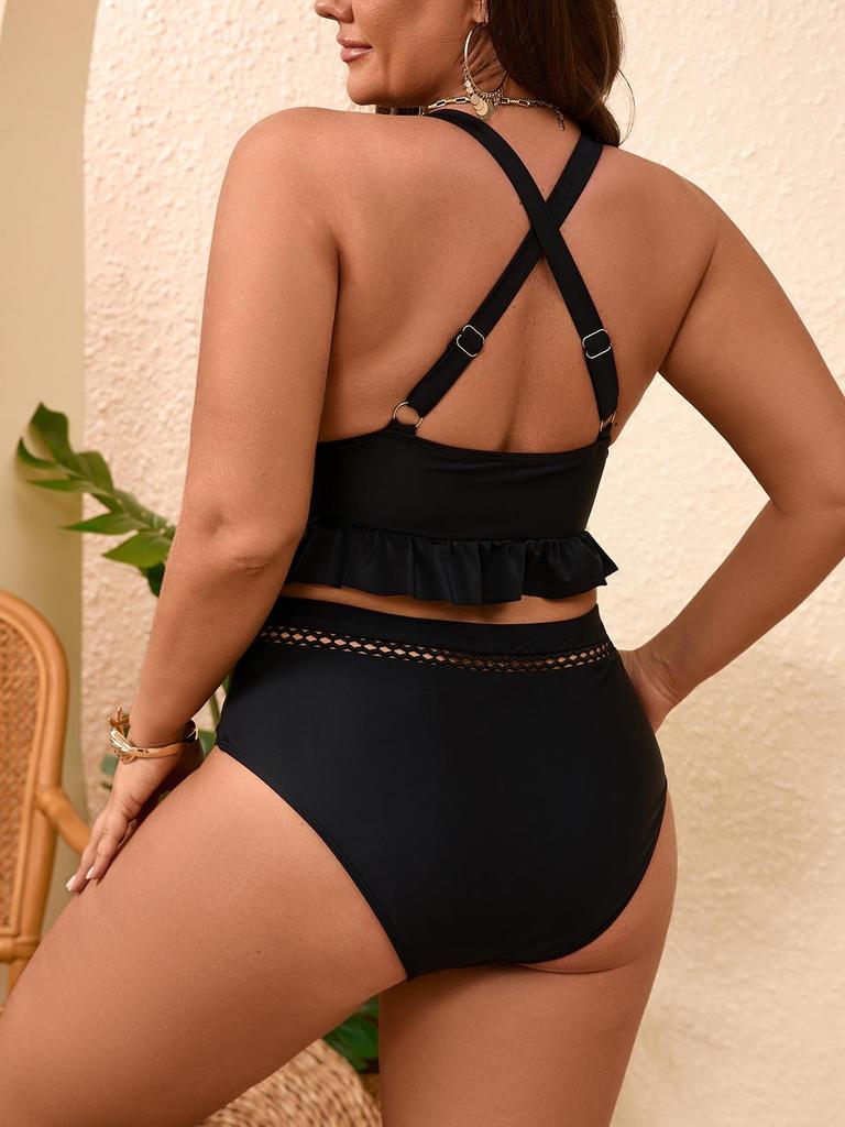 Damen Sexy High Waist Rüschen Badeanzug - Große Größen, Europäisch Amerikanischer Stil, Bauchkontrolle, Cut-Out Design Badebekleidung