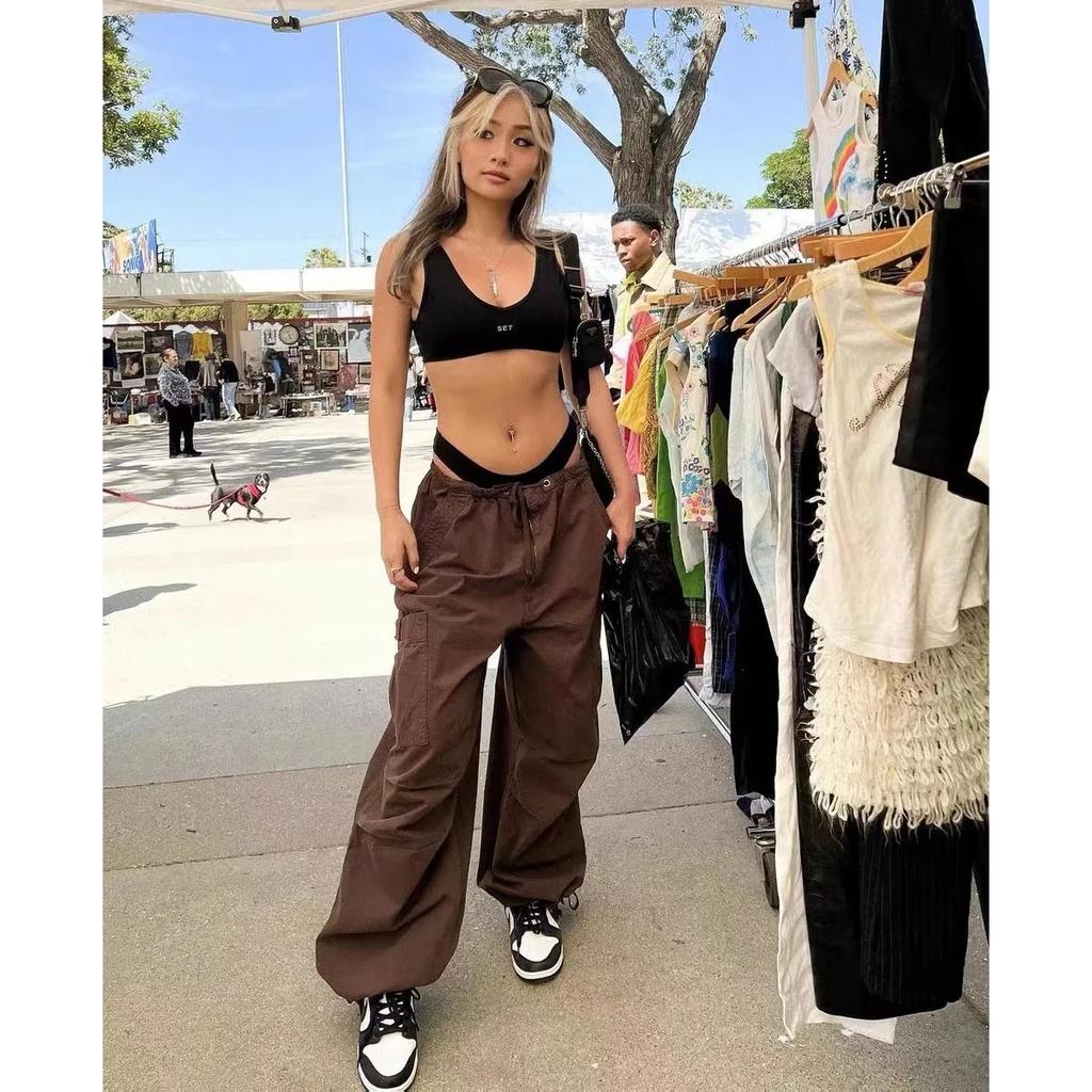 VIONA American Retro Drawstring-Ankle-Cuffed Casual Wide-Leg Pants,loose Workwear Pants