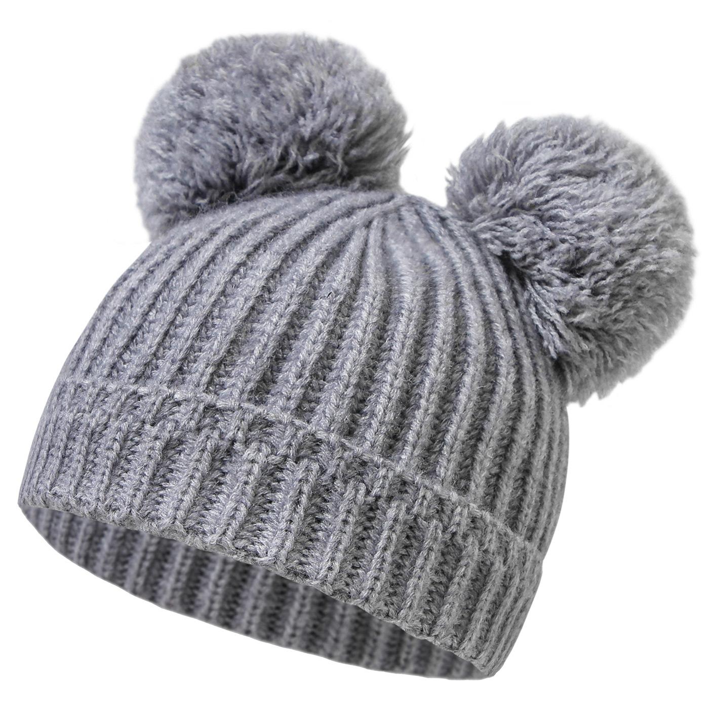 

Winter Baby Hat For Girls Boys New Knitted Lovely Big Double Balls Solid Hat Turban Newborn Infant Cap Beanies Warm Head Wraps сірий