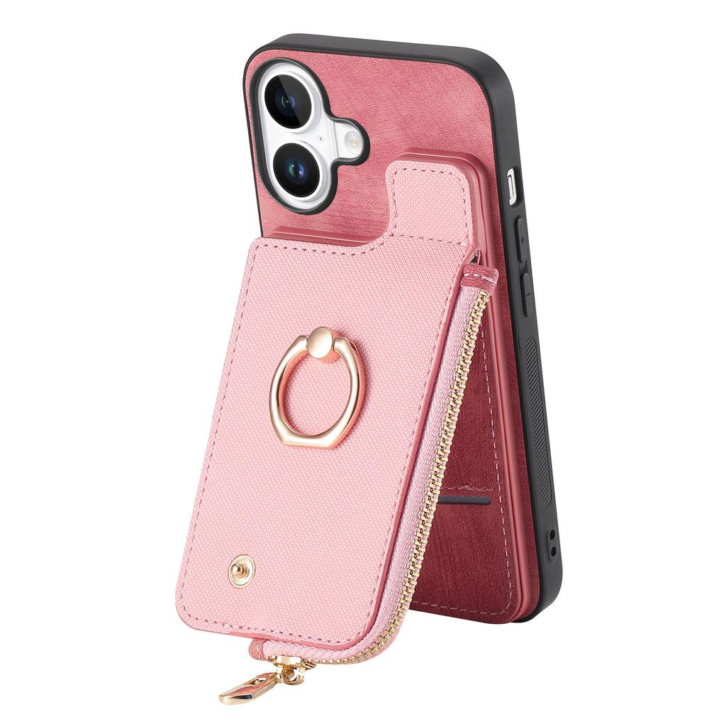 For iPhone 16 Plus Case Zipper Pocket Kickstand Leather Phone Back Cover