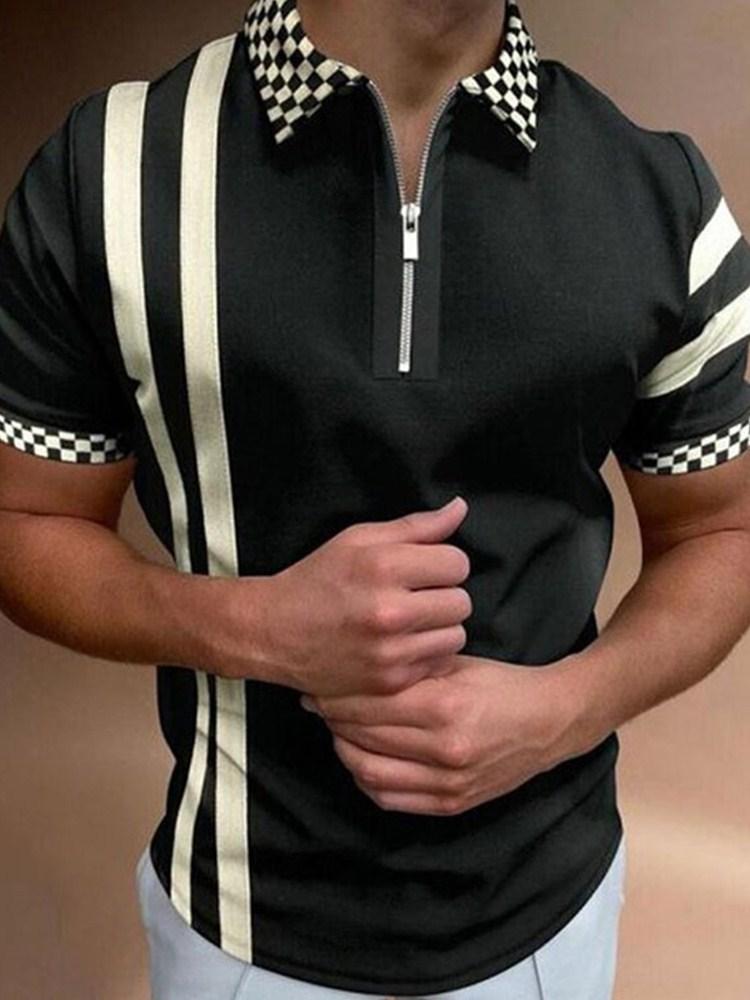 Trendy Short Sleeve Zip-Up Polo, Striped Slim Fit Casual Top
