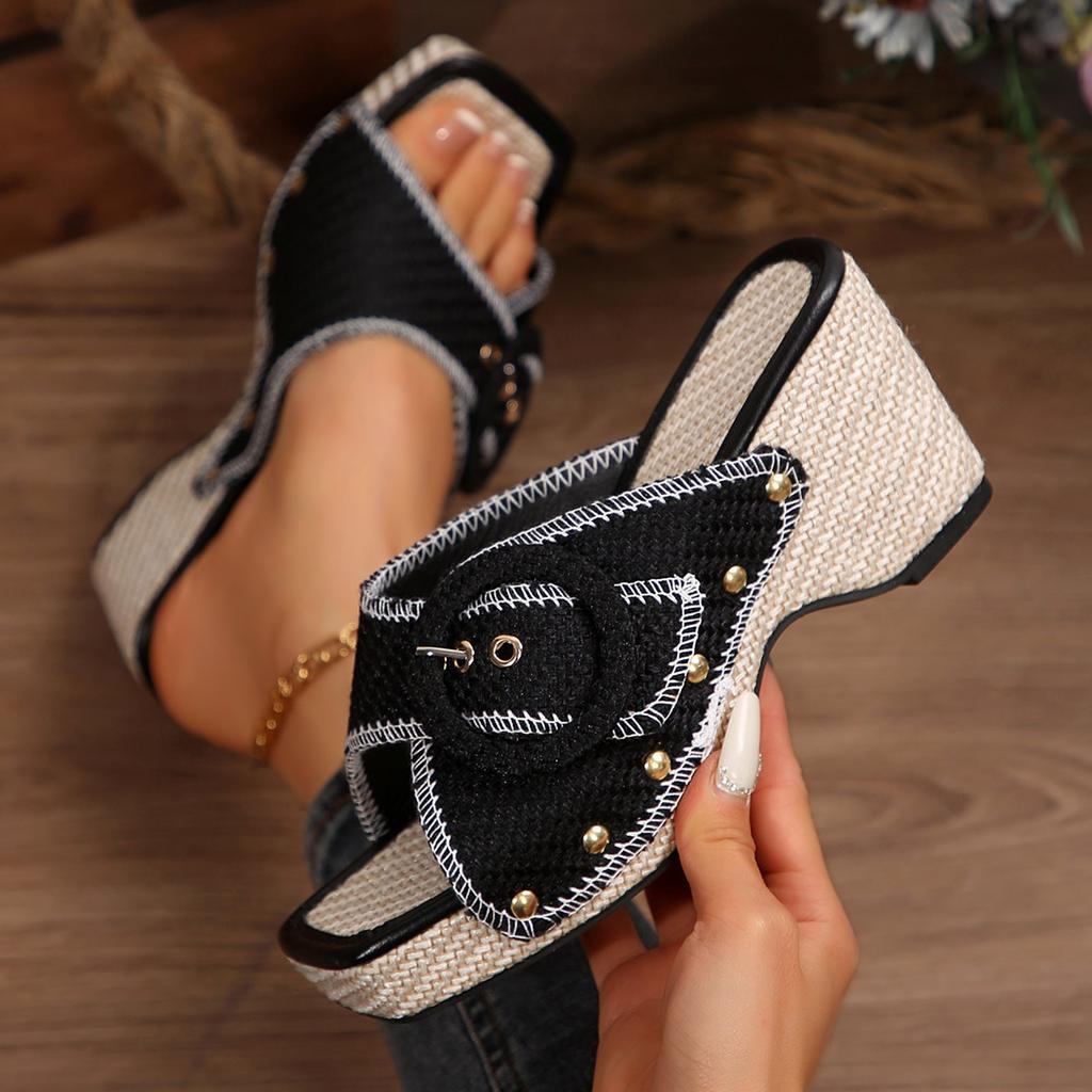 Fashion Sandals For Women'S Thick Heel Buckle Metal Buckle Slippers With Straight Strap Beach Sandal For Woman Casual Holiday