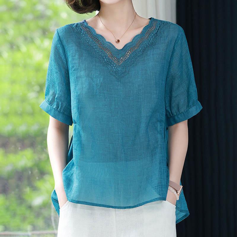T-shirt for Women Summer Large Size Cotton T-shirt Soft Loose V Neck Casual Comfortable Pullover T-shirt Top