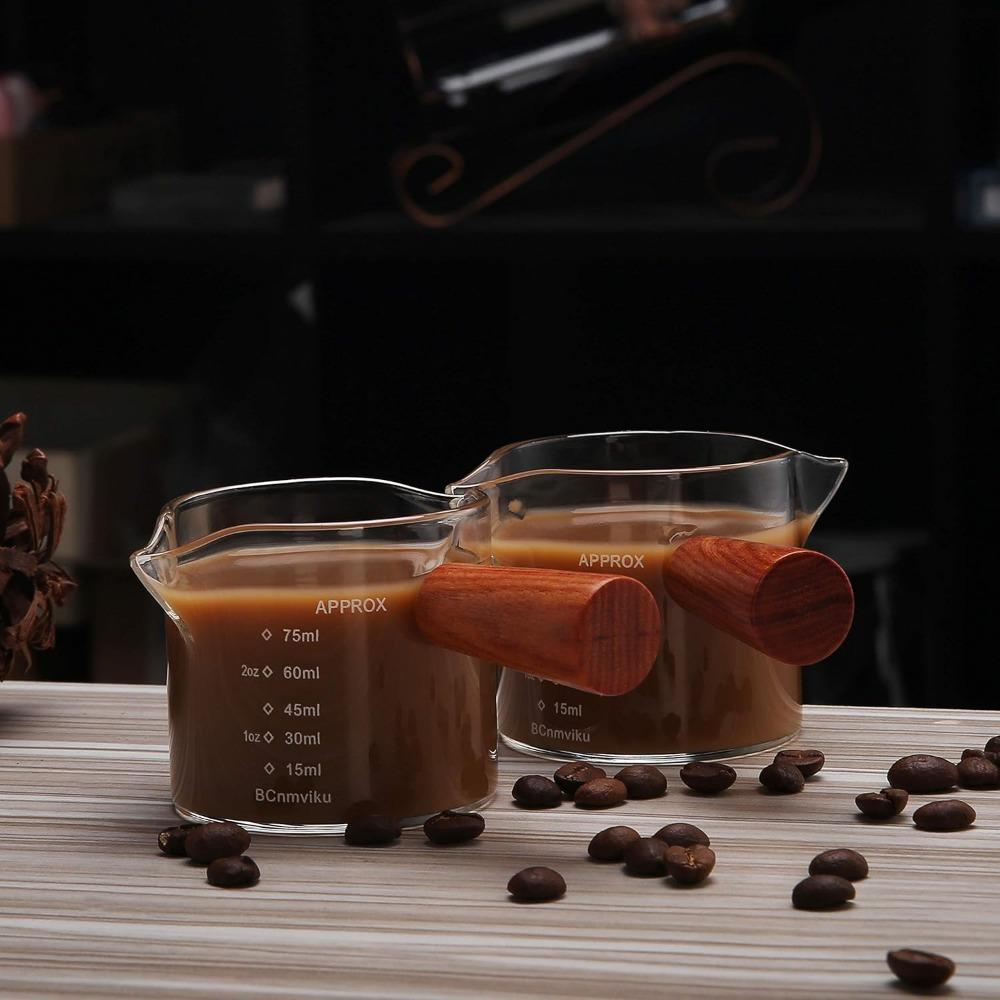 Clear Glass 75ML  Espresso Shot Glasses with Wooden Handle Measuring Cup Coffee Cup High Borosilicate Glass Pitcher Barista