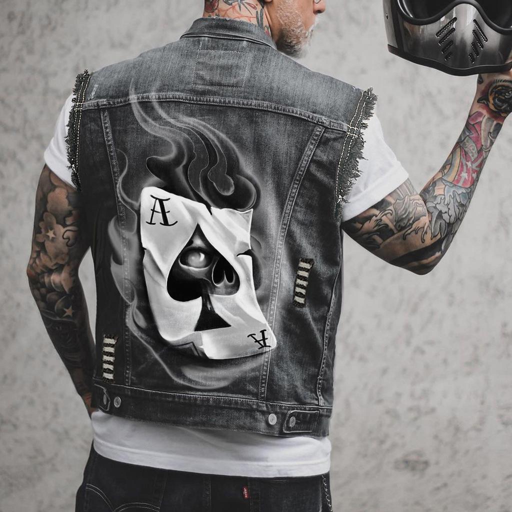 2505 * foreign trade supply Spring and Autumn trendy men's denim vest dark wind printing sleeveless versatile cross-border direct supply