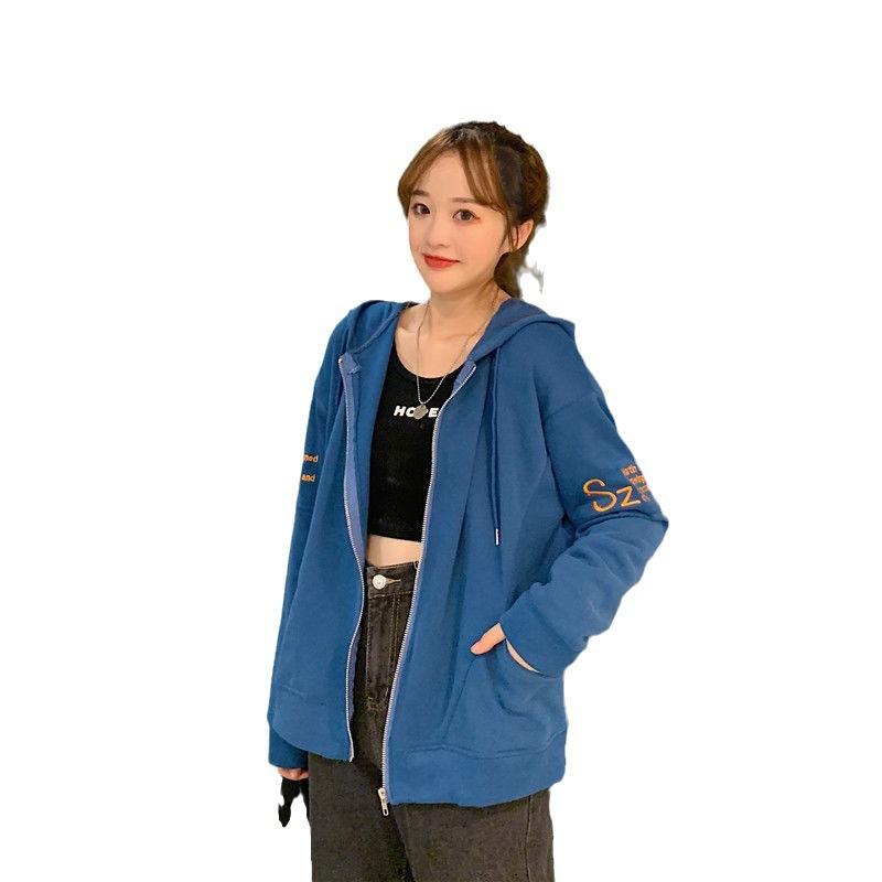 Casual sweater jacket women's thin loose Korean version short man with bf hooded zipper cardigan