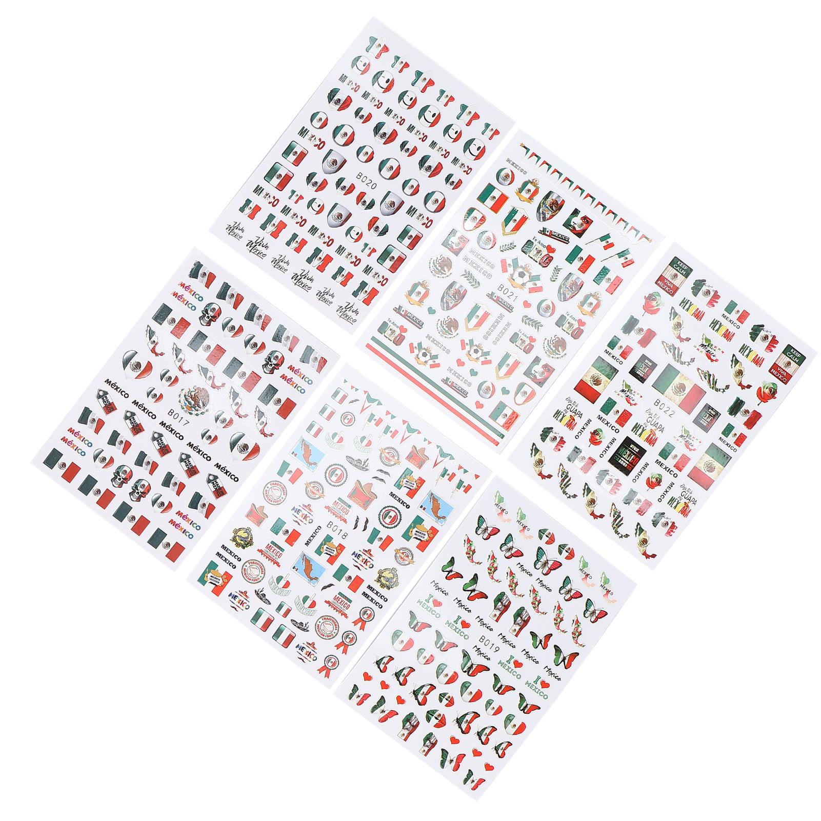 

Набор из 6 листов с наклейками для дизайна ногтей с мексиканским флагом, самоклеящиеся наклейки для ногтей, украшение для салона