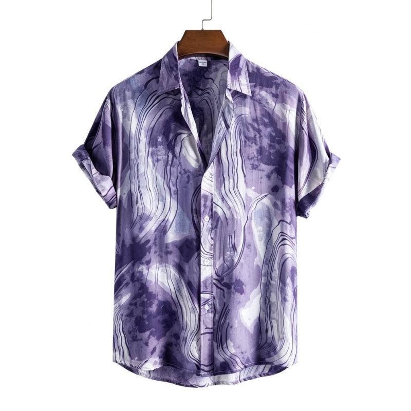Men's Ink Marble Pattern Short Sleeve Shirt with Water Flow Texture Full Print Collar Button Beach Vacation Shirt