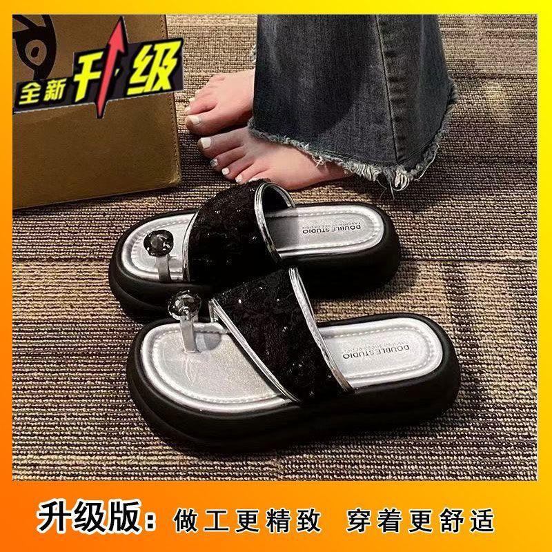 One-word women's 2025 summer new toe wear thick-bottomed comfortable casual fashion slippers women's height sandals tide