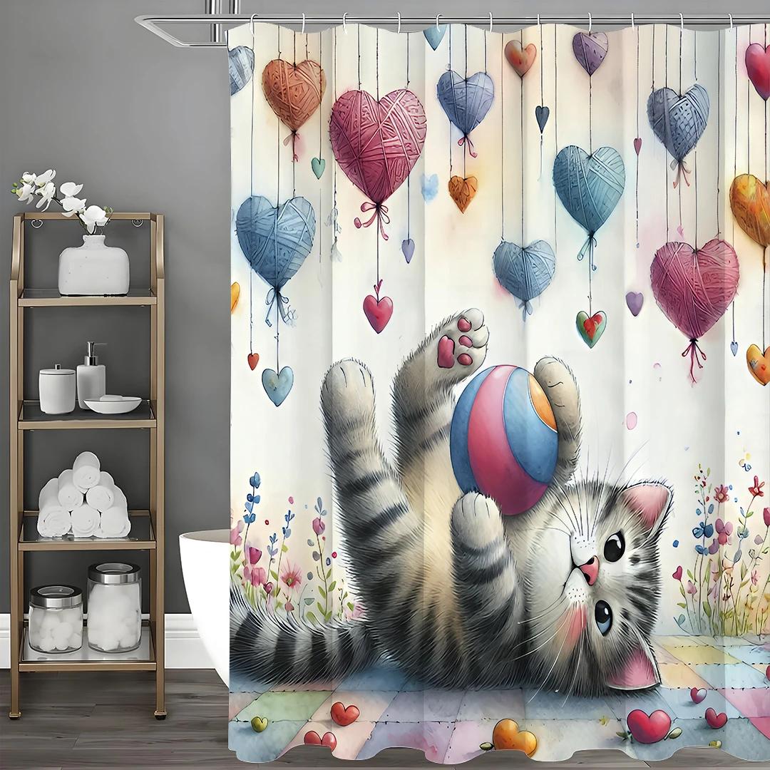 Cute Kitten Shower Curtain for a Playful Bathroom, Featuring an Adorable Cat Playing with a Ball and Colorful Yarn Hearts W90XH180cm