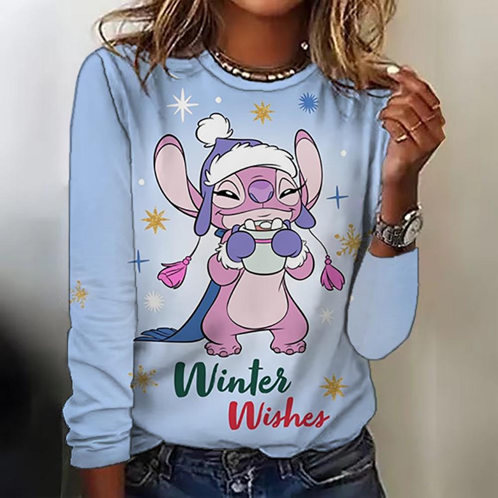 New women's round neck T-shirt long sleeved top Disney Christmas Stitch print fashionable and trendy women's T-shirt top for aut