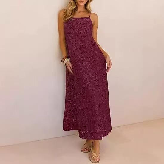 2026 European & American Sleeveless Women's Lace Dress - Solid Color with Button Straps