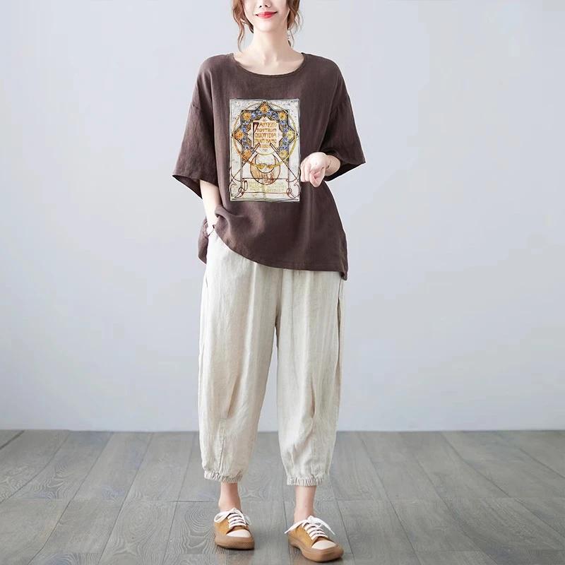 T-shirt Women Versatile Cotton Summer Casual Large Size Loose Round Neck Pullover Short-sleeved Tops