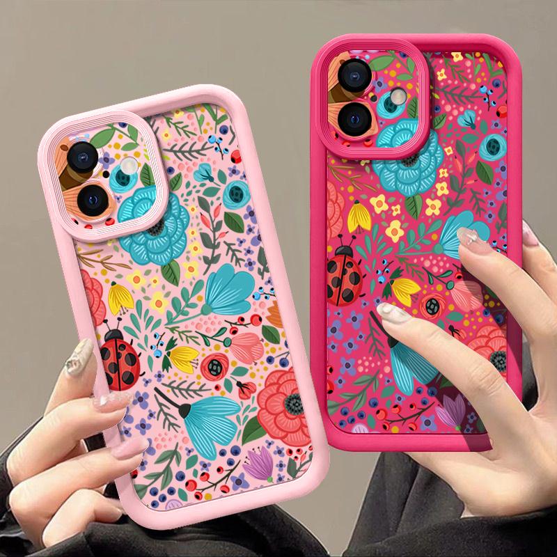 Colorful Flowers Ladybug Pattern Shockproof Phone Case For iPhone 16e 16 15 14 Pro Max 13 12 Pro 11 14 15 16 Plus Silicone Soft Matte Cover Fundas