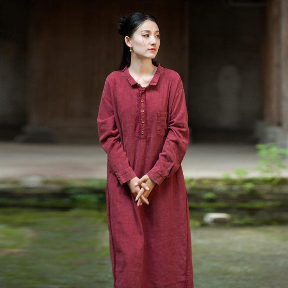 Johnature Women Vintage Shirtdress Turn-down Collar Long Sleeve Autumn Solid Color A-Line Dress