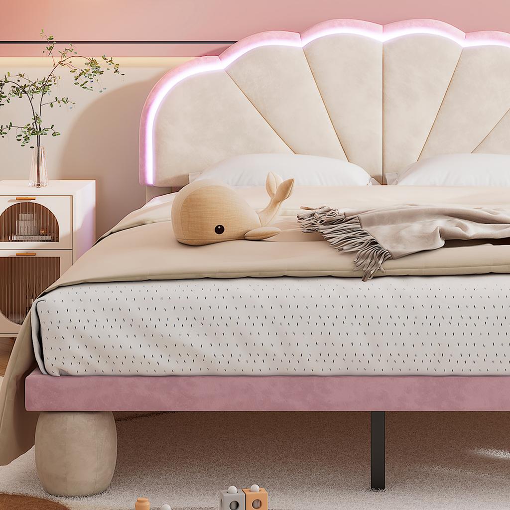 Polsterbett mit mehrfarbigen, wechselnden Lichtleisten, Kopfteil, mit gepolsterten runden Füßen, Jugendbett, Doppelbett, Samt, beige+rosa, 140x200cm