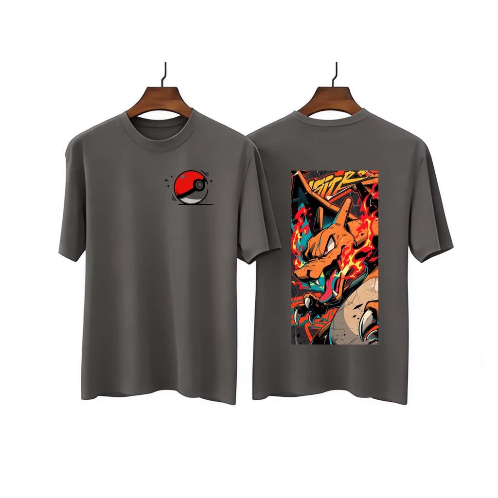 Summer New Pok Mon Spray Dragon Cartoon Style Pure Cotton Adultchildren Loose Plus Size Short Sleeved Breathable Tshirt