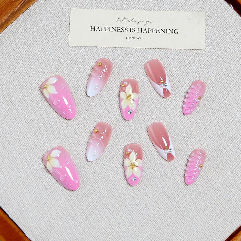 Summer European And American Wearable Nails Short Almond Nails Pink High-end 3D Flower Manicure Wearable Nails
