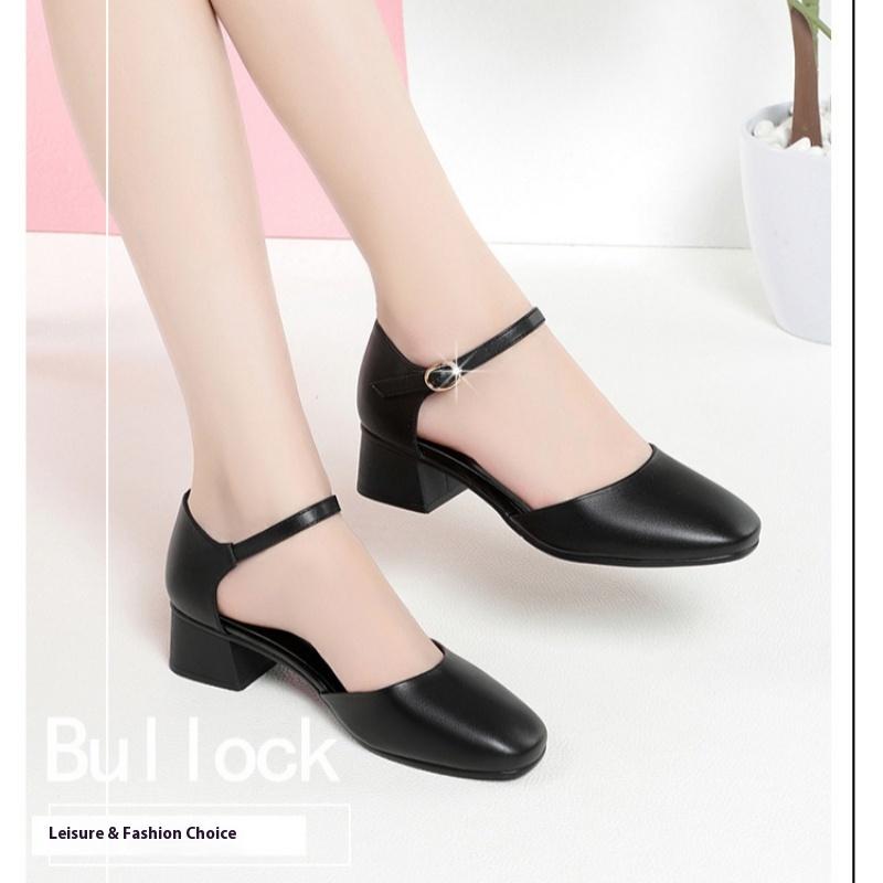Sommersandalen, Damensandalen mit geschlossener Spitze, seitlich hohle Damenschuhe mit niedrigem Oberteil, einfarbige dicke Absätze, bequeme koreanische Damenschuhe mit mittlerem Absatz