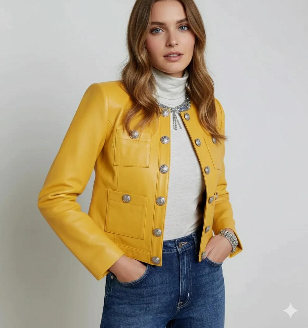 

Trucker Women s Stylish Casual Handmade Jacket Genuine Yellow Lambskin Leather M жовтий