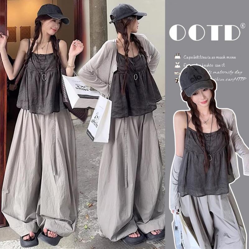 Spring 2026 Korean Style Maternity Set: Sun Protection Cardigan & Camisole Top with Wide Leg Pants M