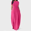 Plus Size Women’s Solid Color Round Neck Pocket Maxi Dress – Short Sleeve, Loose Fit