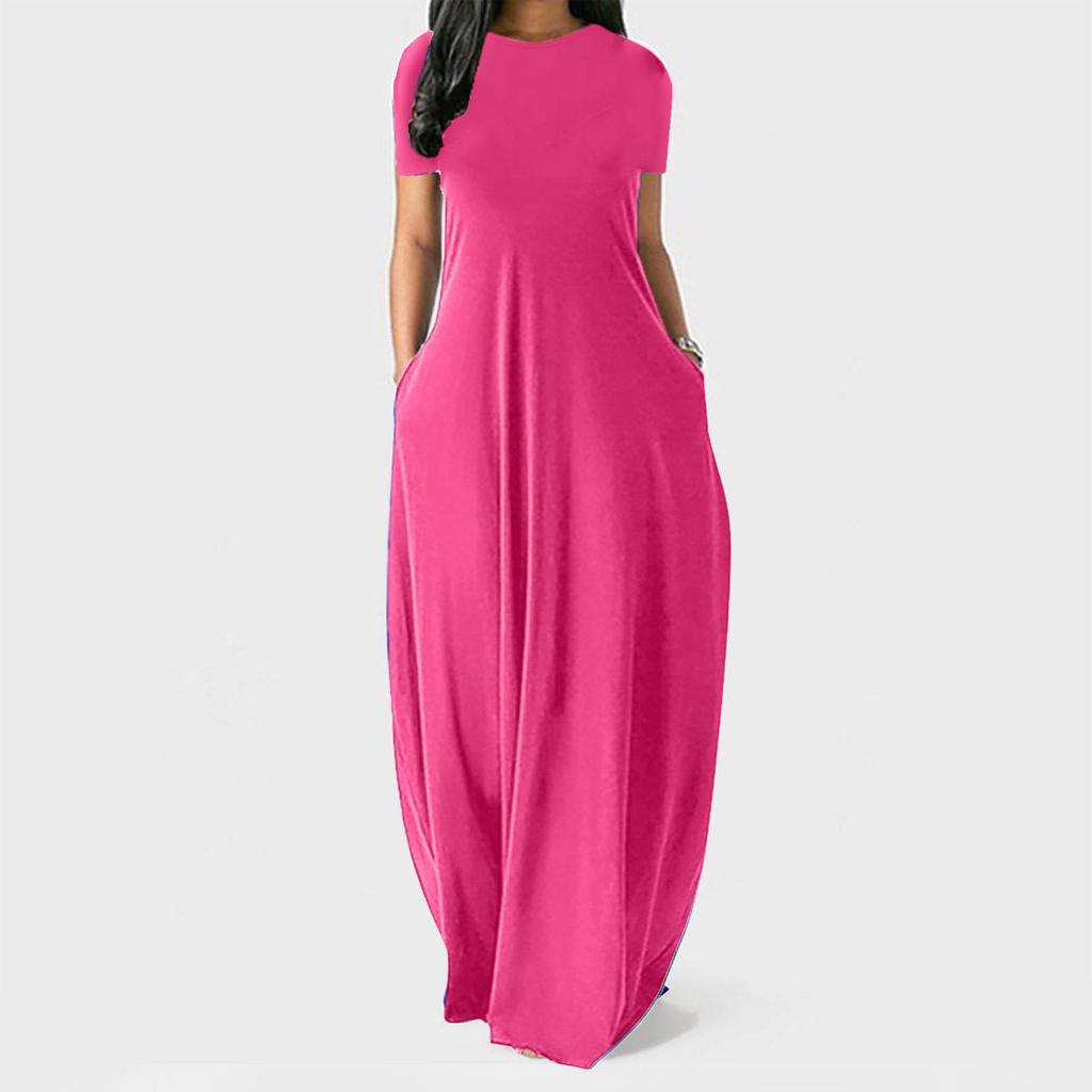 Plus Size Women’s Solid Color Round Neck Pocket Maxi Dress – Short Sleeve, Loose Fit