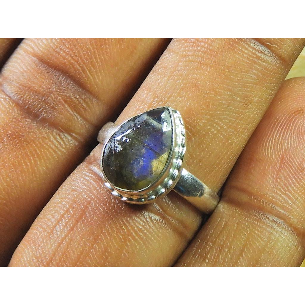 Natural Labradorite 925 Sterling Silver Pear Handmade Vintage Ring Size US-7 MK-64