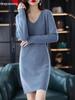 Hengyuanxiang Women's V-Neck Cashmere Sweater Dress - Mid-Length, Long Sleeve, Knitted