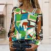 Women Plus Size Asymmetric Cold Shoulder Long Sleeve T Shirt Geometric Printed Sheer Floral Embroidery Top