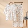 Crew neck pajamas cotton double-layer crepe five-quarter sleeves women's summer and autumn thin trousers cartoon pajamas loose and